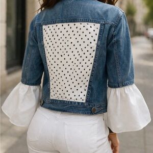 Reworked Levi Strauss Blue Denim Jean Jacket with White Bell Cuffs
